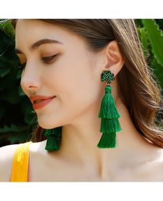 Get 10% off now! Buy boho green tree beads tassel statement earrings at cheap price online. Free stable shipping and pro since 2009. Cloth Earrings, Green Tassel Earrings, Shamrock Earrings, Stile Boho Chic, Tassel Earing, Boho Chic Design, Tassel Drop Earrings, Boho Green, Green Tree