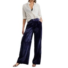 Anthropologie Blue Velvet Wide Leg Trouser Pants Nwt By Anthropologie Wide-Leg Velvet Trousers * Viscose, Nylon * Velvet Fabrication * Front Slant Pockets * Back Welt Pockets * Zip Front * Hand Wash * Imported Dimensions Standard: * 10 5" Rise * 31.5" Inseam * 13.75" Leq Opening * 18 1/2” Waist Laying Flat Dark Blue Pants, Black Cropped Tank, Satin Trousers, Sequin Pants, Yellow Pants, Striped Wide Leg Pants, Velvet Trousers, Pinstripe Pants, Wide Leg Cropped Pants