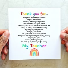 two hands holding up a thank card that reads, thank you for being such wonderful teacher