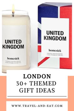 a candle with the words london on it in front of an orange and blue box