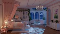 the bedroom is decorated in pink and white with chandeliers on either side of the bed