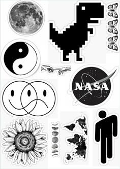 some black and white stickers with different symbols