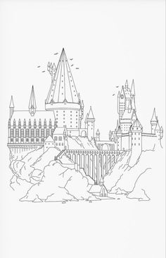 a black and white drawing of a castle