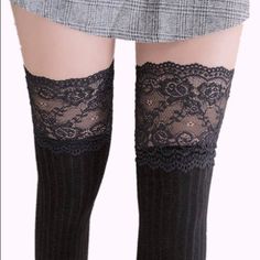 This Is A Brand New Pair Of Thigh High (Over The Knee) Lace Socks, With Tags. Super Lovely Detailing And Very Comfy. Durable And Excellent Quality. Fun, Versatile And Flirty. New To Poshmark? Use Join Code: Sailormoon331 When You Sign Up For $10 Towards Your Purchase Thigh High Lace Socks, Black Socks Outfit, Knee Socks Outfits, Long Black Socks, Black Thigh High Socks, Champion Socks, Ladies Long Boots, Lace Boot Socks, Headbands Women