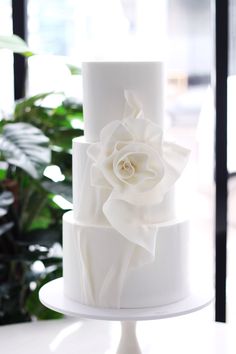 Fondant cake with white rose Modern Wedding Cakes 2022, White Modern Wedding Cake, Modern Wedding Cake Structures, Wedding Cake Modern Contemporary, White Rose Wedding Cake, Wedding Cake Minimalist, Wedding Cake Orchids White, Wedding Plate Setting, Luxury Wedding Cake Design