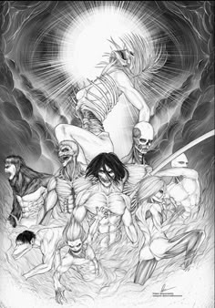 an image of some anime characters in black and white with the sun shining behind them