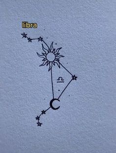 an ink drawing of the sun and stars on a sheet of paper that reads libra