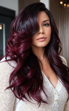 Multi Colored Red Hair, Fun Hair Color Ideas For Brunettes Red, Dark Cherry Hair Color, Dark Cherry Hair, 40 Hairstyles, Cherry Hair Colors, Wine Hair Color