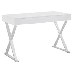 a white desk with two drawers on one side and an x legs on the other