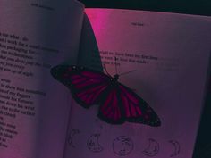 an open book with a pink butterfly on it's cover and the pages are lit up