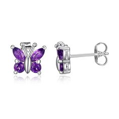 Sterling Silver Colored Gemstone Butterfly Stud Earrings  Your choice of colored gemstones in a simple butterfly design, make these pretty stud earrings a fun pick for chic, everyday accessorizing.        Measures approx. 8.83mm x 9.82mm     Stamped .925; rhodium plating     Pierced with clutch backs   Stone Information       All sizes and weights approximate     Amethyst - Round-cut; 4pcs; 0.36cts     Amethyst - Marquise-cut; 4pcs; 0.47cts     Garnet - Round-cut; 4pcs; 0.53cts     Garnet - Marq Simple Butterfly Design, Silver Butterfly Earrings, Simple Butterfly, Butterfly Stud Earrings, Colored Gemstones, Butterfly Theme, Butterfly Earrings Stud, Silver Butterfly, Butterfly Earrings