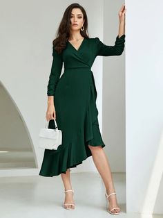 Green V-neck Dress With Surplice Neckline For Party, Green V-neck Party Dress With Surplice Neckline, Green A-line Midi Dress With Ruffle Hem, Green V-neck Midi Dress With Ruffle Hem, Neck Wrap Dress, Summer Frocks, Neck Ruffle, Green Outfit