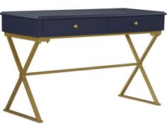 a blue desk with two drawers and gold trimmings on the top, against a white background