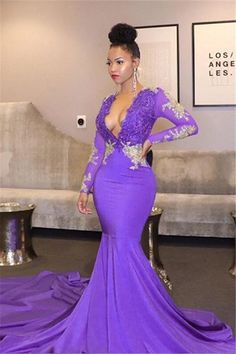 Long Sleeves V-Neck Mermaid Prom Dress With Lace Appliques PD0586 Prom Dress With Lace, Luxurious Dresses, Gown Plus Size