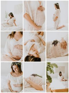 a woman is laying down on her stomach while she holds the baby's belly