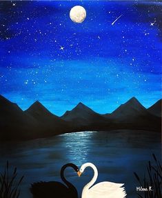 a painting of a swan in the water at night