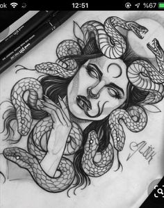 a pencil drawing of a woman with snakes around her neck and hands on her face