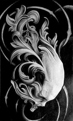 a black and white drawing of a flower with swirls in the center on a dark background