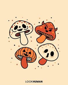 three cartoon mushrooms with faces on them, one has a pumpkin and the other is a ghost