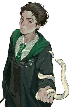 a drawing of a young man with a snake wrapped around his arm and wearing a green coat