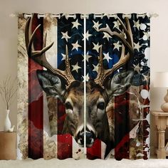 the curtains are decorated with deer heads and an american flag