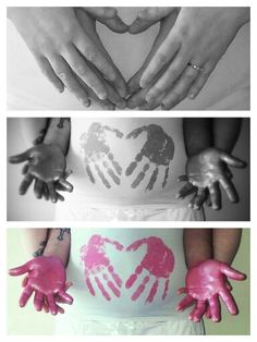 three different pictures with hands and hearts painted on the side of their stomachs, one is