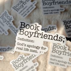 book boyfriends definition stickers on a bed with white sheets and black lettering that reads, book boyfriends definition god's ap centrepiece for real life men