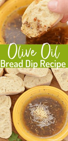 Olive Oil bread dip in small yellow dish with shredded Parmesan cheese on top. Baguette being dipped into olive oil dip. Olive Dip