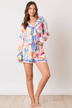 Multi Color Ribbon Printed Pajama Shirt - Contrast ruffle detailed hem and seam - Cuffs ribbon detail - Long sleeves - Cropped - Chest pocket - Collared Matching set 100% polyester Queen Of Sparkles, Printed Pajama, Hot Pink Tops, White Short Sleeve Tops, Maxi Romper, Peach Love, Crop Top Sweatshirt, Faux Leather Dress, Crop Top And Shorts