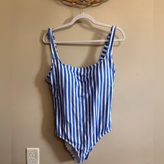 Never Worn, Hygienic Liner Still On. Size: Xl Striped Sleeveless Summer Bodysuit, Striped Summer Bodysuit For Beach, Summer Striped Bodysuit For Beach, Striped Summer Bodysuit For Beach Season, Casual Blue Bodysuit For Poolside, Striped Summer Bodysuit For Poolside, Summer Striped Bodysuit For Poolside, Spring Striped Bodysuit For The Pool, Blue Cotton Beach Bodysuit