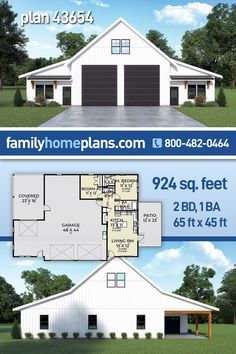 two story house plans with garage and living room in the front, one bedroom on the second