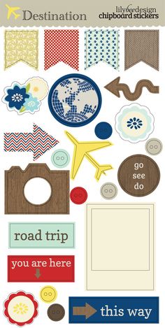 an assortment of stickers with words and pictures on them, including the word road trip