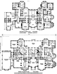 two floor plans for the first and second floors of a house with multiple rooms,