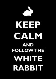 a black and white poster with the words keep calm and follow the white rabbit