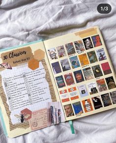 an open book with stamps on it sitting on a bed