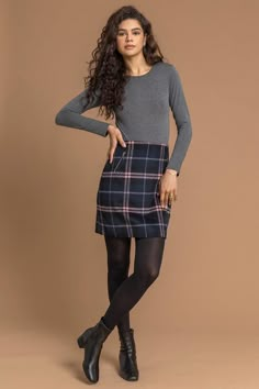 Checked Zip Detail Brushed A line Skirt from Roman. Crafted in a brushed wool blend fabric, this checked skirt is perfect for the Autumn-Winter season. Versatile and stylish, it is finished with high shine gold zips and falls to a flattering mini length. Tuck in a crisp white shirt for an effortless office-ready look. Wizard Of Oz Musical, Pantyhose Skirt, Fall Mini Skirt, Pantyhose Outfit, Campus Fashion, Office Attire Women, Checked Skirt, Check Skirt, Petite Coat