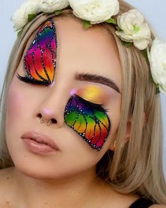 Carnaval Make-up, Festival Make Up, Butterfly Makeup, Pride Makeup, Halloween Eye Makeup, Rainbow Makeup, Smink Inspiration