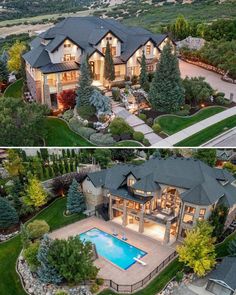 an aerial view of a large house with a pool in the yard and landscaping around it