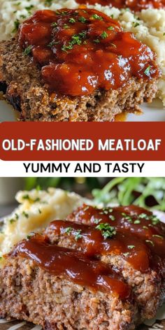 an image of meatloaf with gravy and mashed potatoes