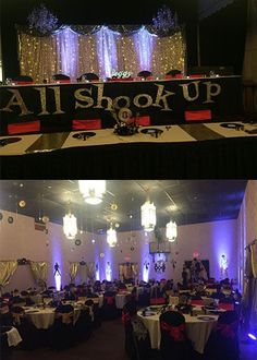 two pictures of tables and chairs in a room with lights on the ceiling, and an overhead sign that says fail up