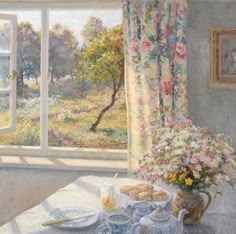 a painting of tea and pastries on a table in front of an open window