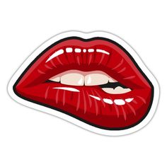 a red lips sticker with white teeth and long, shiny lashes on the lip