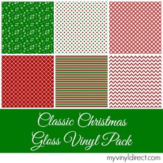 the christmas glass vinyl pack includes six different patterns and colors, including red, green, brown