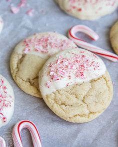 white chocolate peppermint cookies with candy canes on the side and text overlay