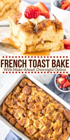 french toast bake with strawberries and cream on top