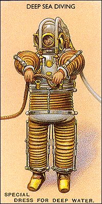 a card with an image of a man in a diving suit