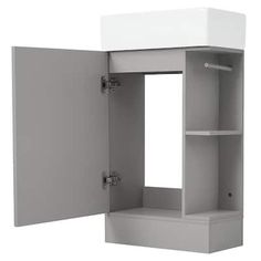 an open gray cabinet with white shelves on each side and one door in the middle