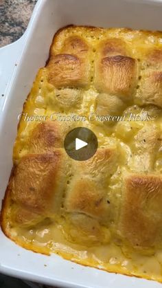 a casserole dish filled with cheese and bread