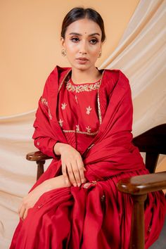 Red anarkali with floral embroidered motifs and pleated detailing. Paired with dupatta and jacket.
Component: 3
Pattern: Embroidered
Type Of Work: Floral motifs
Neckline: Round
Sleeve Type: Full sleeves
Fabric: Muslin,organza
Color: Red
Other Details: 
Overlay short jacket
Sheer dupatta
Embroidered border
Occasion: Sangeet - Aza Fashions Red Anarkali Set For Reception During Eid, Designer Red Salwar Kameez With Cutdana, Red Anarkali Set With Cutdana In Traditional Drape, Red Anarkali Set With Dupatta In Chandbali Shape, Red Anarkali Sharara With Traditional Drape, Red Anarkali Set In Traditional Drape For Diwali, Red Anarkali Set With Traditional Drape For Diwali, Red Anarkali Lehenga With Long Sleeves, Red Anarkali Set With Dupatta For Reception