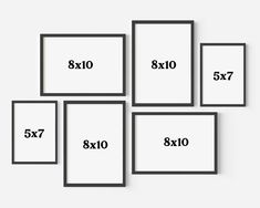 six black and white photo frames with the measurements for each frame in front of them